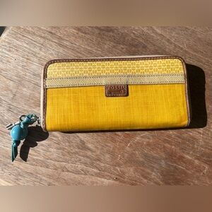FOSSIL KEYPER KEY PER Fabric Faux Leather Zip Around Wallet Clutch Mustard Yello